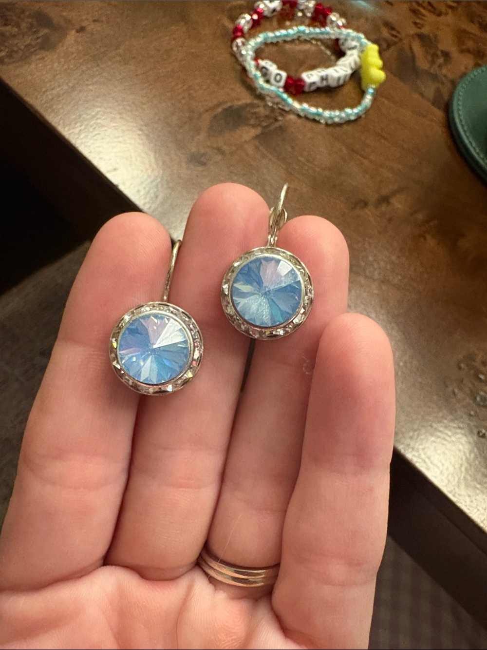 Silver Drop Earrings with Blue Gemstone and Clear Crystals